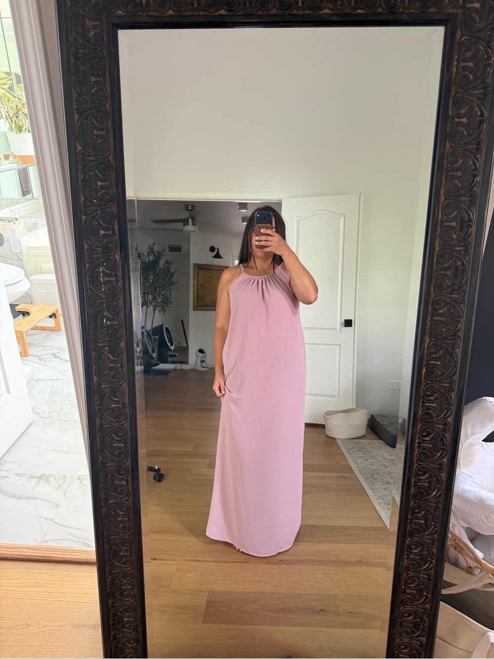 Sleeveless Halter Maxi Dress in Dusty Pink Low Back Flowy Adjustable Womens Lg